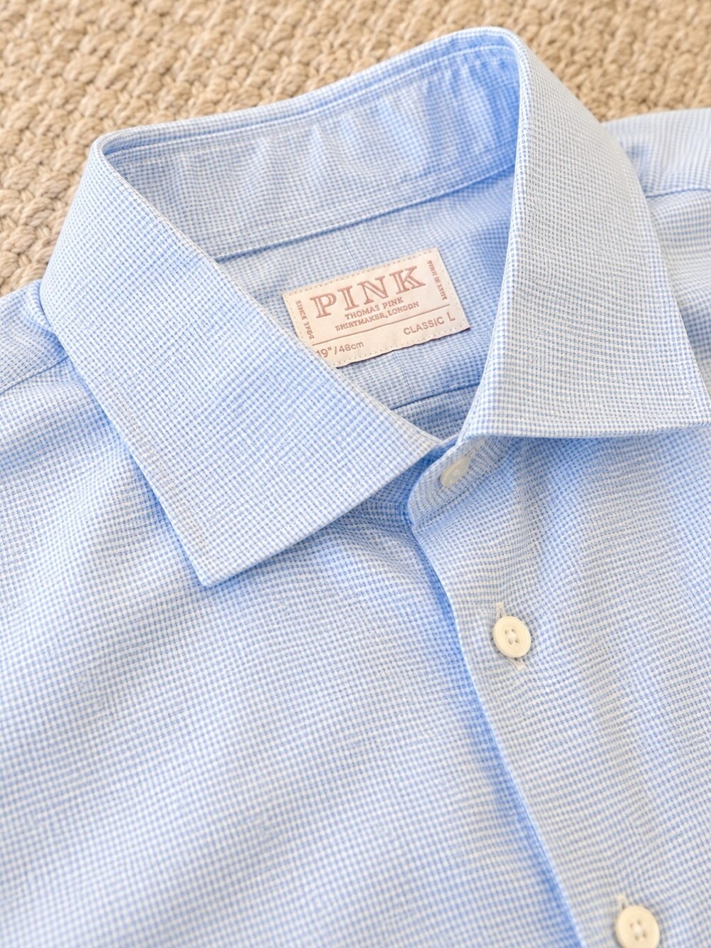 Thomas Pink Blue Micro Check 100% Cotton Classic Fit Dress Shirt 19/46